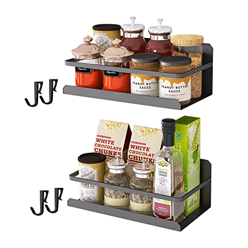 PINNIYOU Magnetic Spice Rack, Strong Magnetic Shelf for Refrigerator with 4 Removable Hooks, Perfect Space Saver for Kitchen, (Black 2Pack)