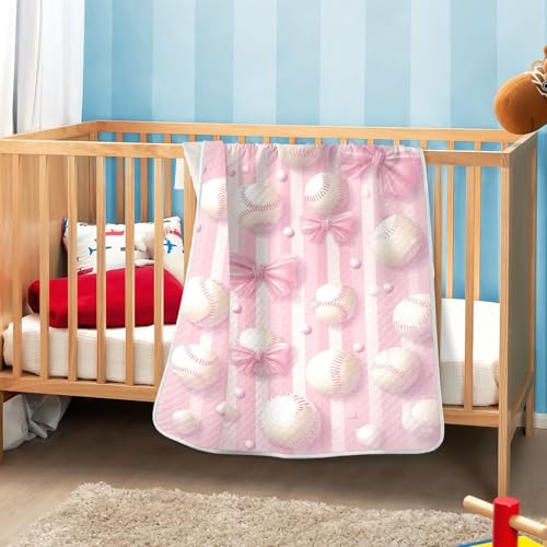Image of Pink Ribbon Baseball(3) Baby Blanket Cotton Cozy Throw Blanket Warm Nursery Swaddle Receiving Toddler Blankets 30 inch x 40