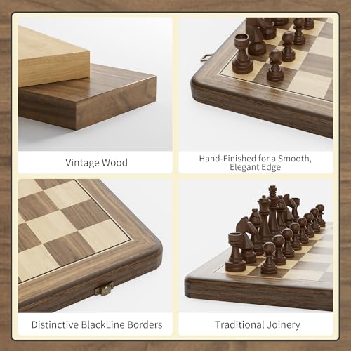 Image of 15 Inch Magnetic Wooden Chess Set, Rubberwood Folding Chessboard with Brown Dual-Sided Storage Trays, 2 Extra Queens & Dust-Proof Bag, Portable Travel Board Game(Vintage)