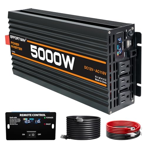 EFFORTWAY 5000W Power Inverter, 12V DC to 110V/120V Modified Sine Wave Inverter with 3 AC Outlets,...