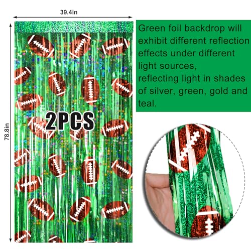 Image of 2 Packs Football Foil Fringe Curtain, Green Glitter Metallic Tinsel Backdrop for Birthday, Baby Shower, Super Bowl, Football Party Decorations Supplies