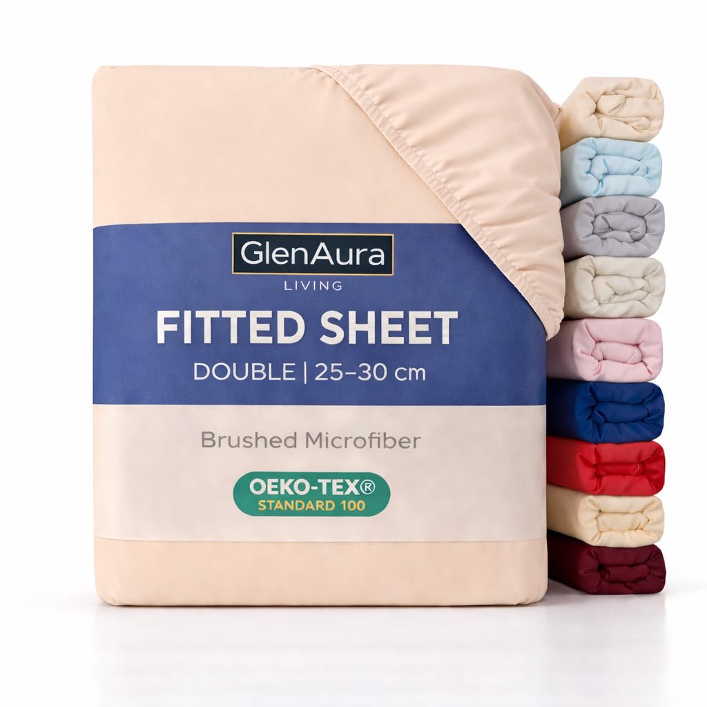 GlenAura Living Fitted Sheet Double, Beige - Deep Pocket 25cm - OEKO-TEX Certified - Brushed Microfibre - Bed Sheet, Soft Stretch Fit, Wrinkle Fade & Shrink Resistant โ image 1