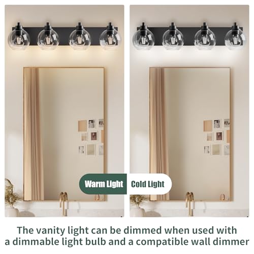 Image of Bathroom Light Fixtures-Matte Black Vanity Lights for Bathroom, Modern Black Vanity Lights 4-Light Bathrooms Lighting Fixtures Over Mirror with Clear Glass Shade