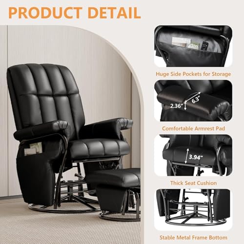Image of JIASTING 360 Swivel Recliner Chair, Nursing Glider Rocking Recliner Chair with Ottoman & Side Pockets, Gliding Chair for Nursery, Office, Living Room, Bedroom, Metal Frame