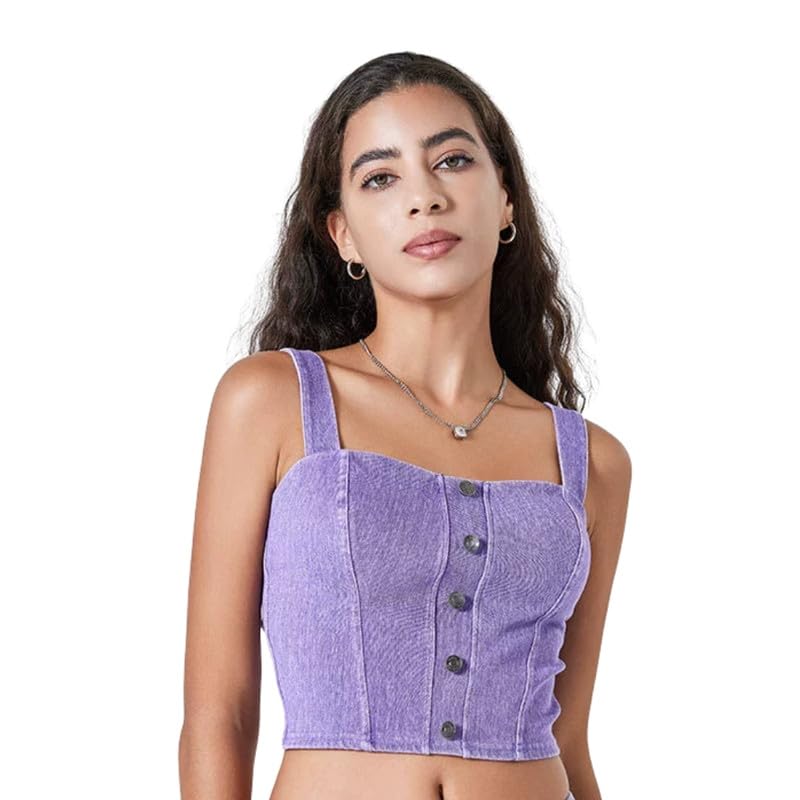 Women’s Denim-Style Yoga Sports Top | High Elasticity Tight Fit | Chest Pad Quick-Dry Fitness Vest | Light Purple | M-image-20