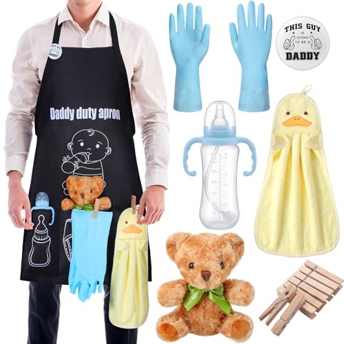 Cotwinter 7 Pcs Daddy Duty Apron for New Dad Funny Diaper Apron for Baby Shower First Daddy to Be Father's Day Gift(Black,Classic)