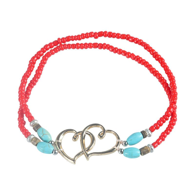 Image of Elastic Beaded Ankle Bracelets for Women Double Heart Layered Stretch Ankle Bracelets Waterproof Dainty Boho Beaded Anklets for Summer Beach Foot Jewelry