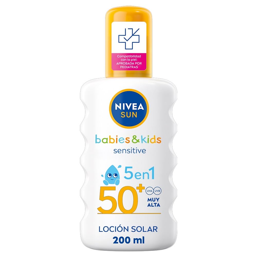 NIVEA SUN Babies & Kids Sensitive Spray Solar FP50+ (1 x 200 ml), protector solar para niños, protección solar muy alta para reducir el riesgo de alergias solares