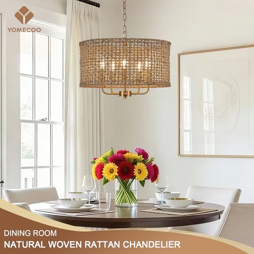 Image of 19.7 inch Gold Rattan Chandelier, 5-Light Boho Wicker Light Fixture | Hand-Woven Rattan Pendant Light; Adjustable Chain; Farmhouse Basket Drum Chandeliers for Dining Room, Kitchen Island, Bedroom
