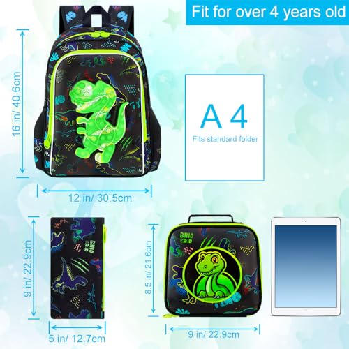 Image of CCJPX 3PCS Dinosaur Backpack for Boys, 16 inchKids Water Resistant Elementary Preschool Kindergarten School Bookbag with Lunch Box - Green