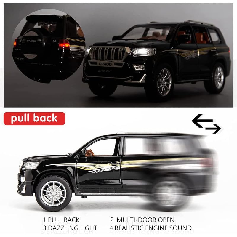 Image of New 1:24 Prado Diecast Alloy Metal Pull Back Car with Openable Doors Music Sound and Light Vehicle Toy Car for Kids Boys (Black)