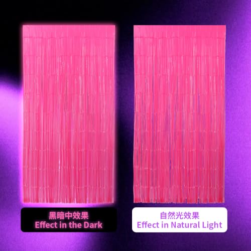 Image of TONIFUL 2Pcs Fluorescent Pink Metallic Tinsel Foil Fringe Curtain Streamer | 3.3ftx6.6ft Neon Pink Backdrop Door Streamer for Black Light Bachelorette Baby Shower Girls Birthday Glow Party Decorations