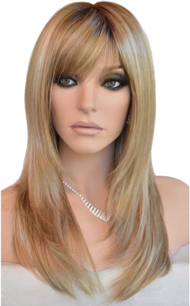 MIKWIG Long Straight Blonde Wigs Imported Synthetic Ombre Dark Root Layered High Dentistry Glazed Hair Replacement Wigs for Women with Inclined Bangs (T/Blonde)