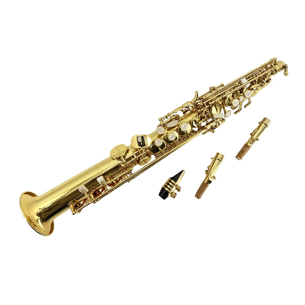 Saxophone soprano droit en si bémol – Finition laquée dorée, design ergonomique avec étui, embouchure, sangle de cou et accessoires, idéal pour débutants et confirmés