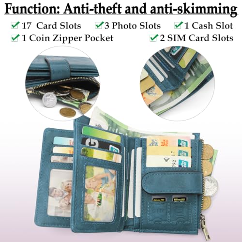 RFID Blocking Wallet for Women Vegan Leather Tri-Fold with Zipper Coin Pocket 12 Card Slots Anti-Theft Clasp Waterproof Slim Design 17 Pockets Holds Cards Cash SIM (peacock blue)3