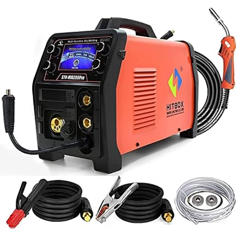 HITBOX 5 in 1 Aluminum MIG Welder- 200Amp 240V Smart Control Program MIG Welding Machine Solid Flux Core Wire Gas Gasless MIG MAG Lift TIG MMA Stick Welder, LCD Display, Quiet Cover