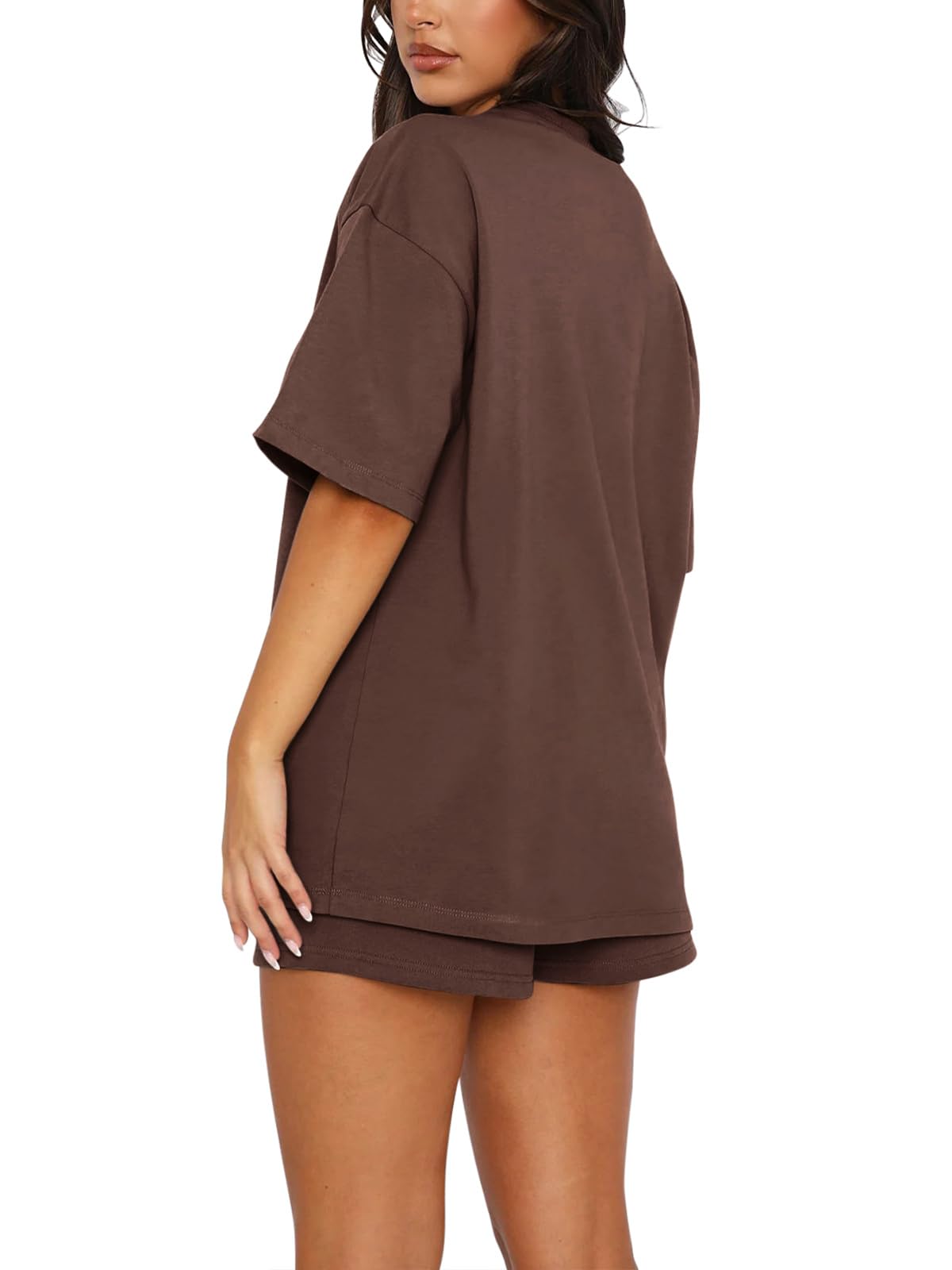 REORIA Survêtement pour femme, manches courtes, col rond, couleur unie, 2 pièces, tenue de maison, tenue de jogging, ensemble de survêtement