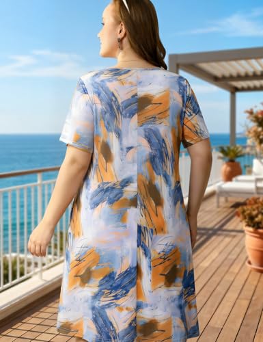 Image of OVERWORETY Womens Short Sleeve Plus Size T-Shirt Dress V Neck Casual Loose Swing A-Line Summer Tunic Dresses with Pockets