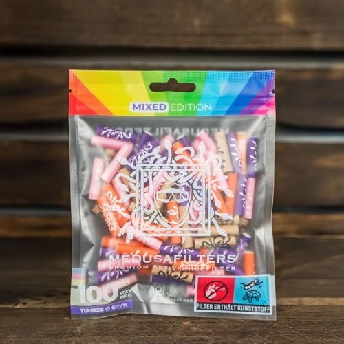 Medusafilters 100 Stück 6mm Ø Slim Premium Aktivkohlefilter mit veganen Fasercaps & Kokos Aktivkohle | Filter mit 25mm Länge made in Germany (MIXED EDITION)