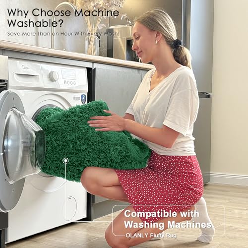 OLANLY 2x5 Machine Washable Runner Rugs for Hallway, Soft Fluffy Shaggy Bedside Rugs for Bedroom, Living Room, Indoor Floor Carpet for Kids Girls Boys, Nursery Rooms, Home Decor Aesthetic, Dark Green