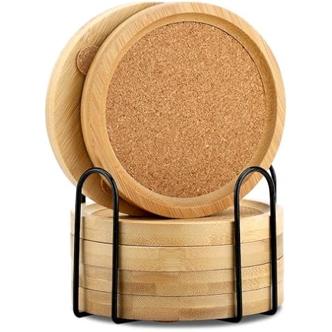 Bamboo Cork Coasters for Drinks Absorbent with Holder Set of 6, Bamboo Coasters for Drinks Coaster Sets Rustic Farmhouse for Coffee Table Dining Table Set of 6 4.33in Cover