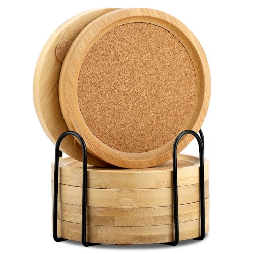 Bamboo Cork Coasters for Drinks Absorbent with Holder Set of 6, Bamboo Coasters for Drinks Coaster Sets Rustic Farmhouse for Coffee Table Dining Table Set of 6 4.33in