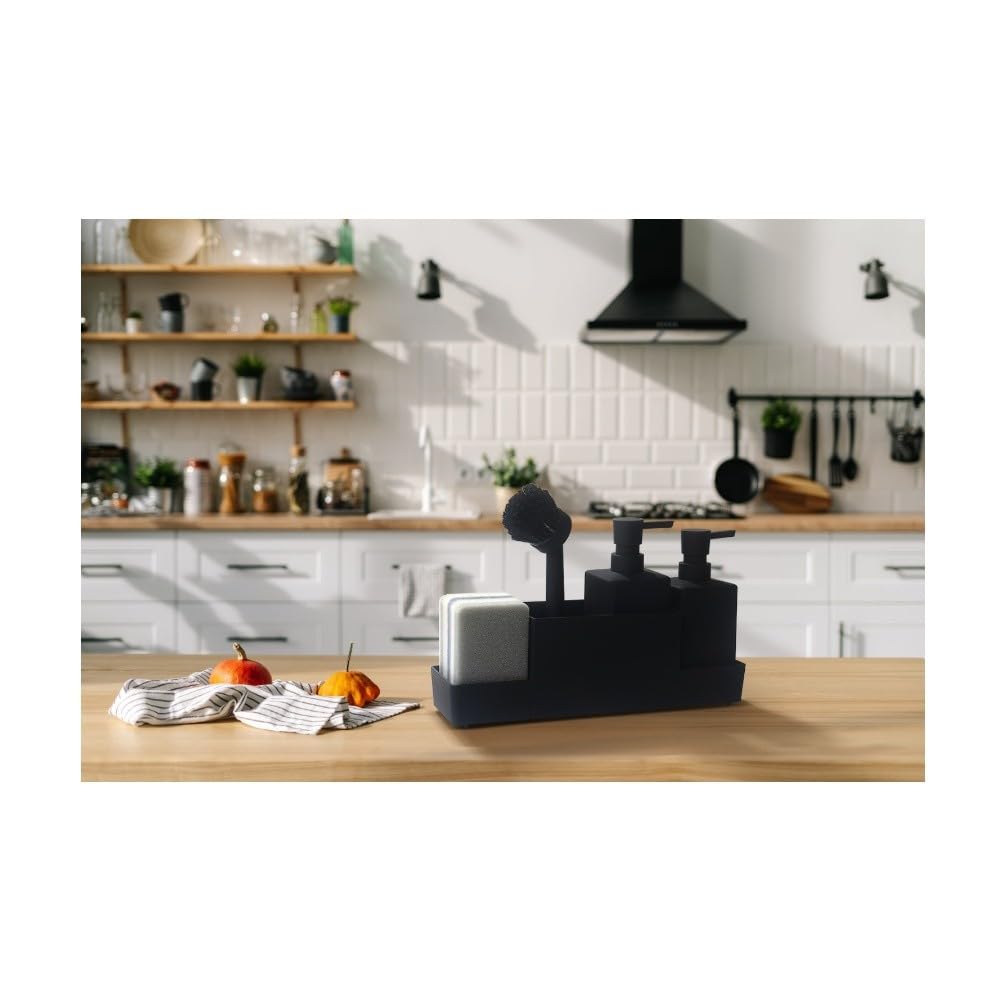 Set organizer per lavello da cucina con dispenser di sapone da 350 ml, spazzola per la pulizia e vassoio per spugna, plastica ABS, finitura opaca, grigio/beige/bianco/nero/per marrone rosso
