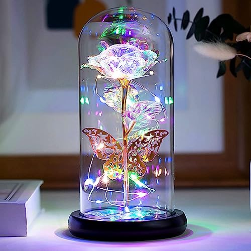 AMENDAS Forever Rose, Galaxy Glass Rose Flower and Butterfly with Led Light Great Gift Ideas for Valentine's Day, Mother's Day, Birthday, Anniversary, Engagement