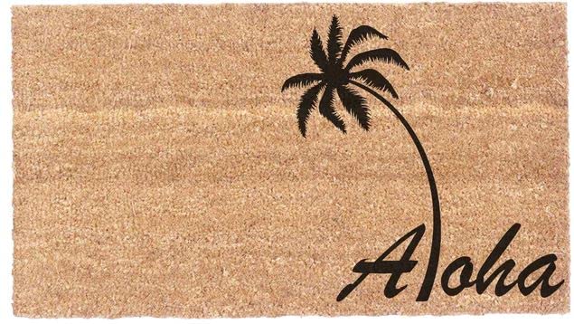 Outdoor Doormats for Entrance, Natural Coco Coir with Non-Slip Vinyl Backing - Heavy Duty, Low Profile for Indoor, Front Door or Porch, Funny Welcome Mat (18'x30', Aloha Palm Trees
