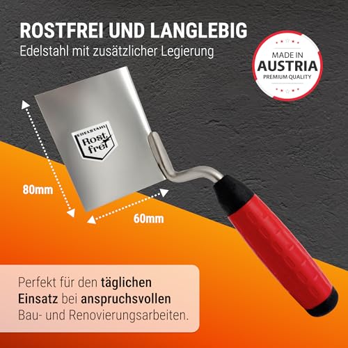 WERKFIT Profi Eckenkelle Set 80x60 mm - Inneneckenkelle und Außeneckenkelle aus Edelstahl - Eckspachtel mit Softgriff. Rostfrei - Hergestellt in Österreich