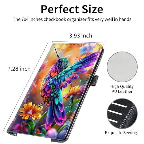 Image of Leather Checkbook Covers for Men Women Check book Holder Cover Wallets for Personal Checkbook Duplicate Checks with RFID Blocking & Elastic Strap-Colorful Hummingbird with Flower