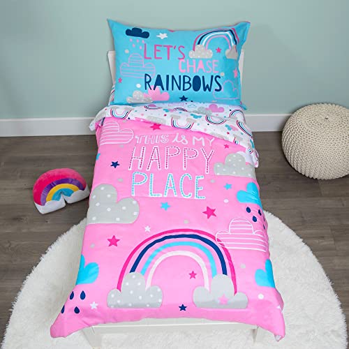 Image of Baby Boom Funhouse Let's Chase Rainbows 4 Piece Toddler Bedding Set - Includes Comforter, Sheet Set - Fitted + Top Sheet + Reversible Pillowcase for Girls Bed, Pink