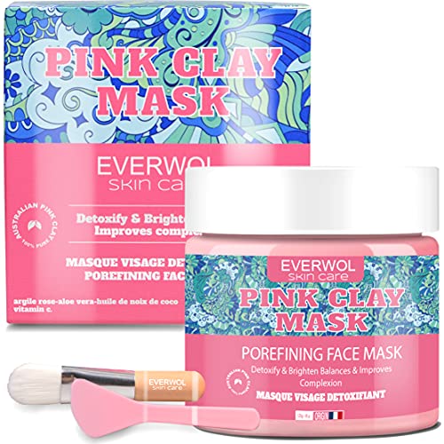 EVERWOL- Masque à l'argile rose d'Australie/anti acné et points Noir - Nettoie - Détoxifie - Gommage visage/creme hydratante visage, creme Anti ride, blanchissant-Nettoyant/Collagène /120 ml