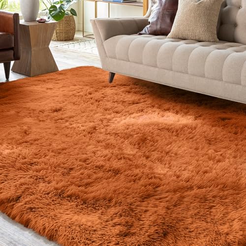 XSIVOD Alfombra mullida de pelo largo, naranja, lavable, 120 x 160 cm, antideslizante, extra grande, para dormitorio, suave, moderna