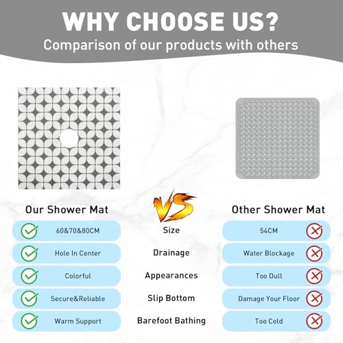 Image of Square Shower Mat Non Slip: 36 x 36 Inch Extra Large Shower Mats with Drain Hole in Middle - PVC Loofah Anti Slip Shower Floor Matt for Inside Shower