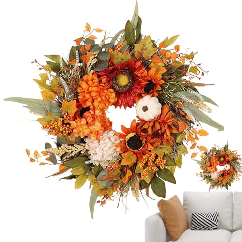 Corona de otoño para Acción de Gracias, corona de otoño con girasoles y bayas, guirnalda de puerta estilo granja panel de decoración de cosecha de vacaciones al aire libre pared ventana casa porche