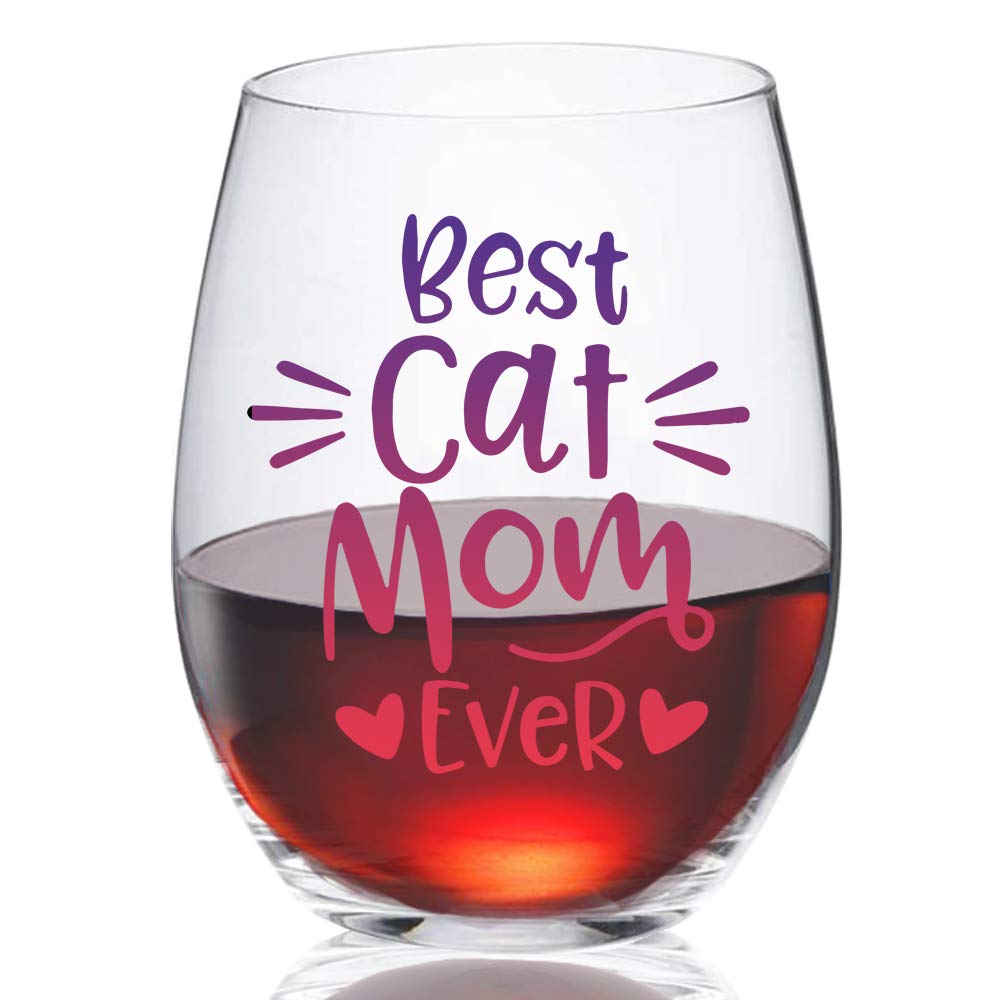 AGMDESIGNBest Cat Mom Ever Funny Stemless Wine Glass, Cat Lover Gifts for Cat Dad, Cat Mom, Women, Veterinarian, Animal Rescue, Vet Tech, Perfect for Birthday, Valentines