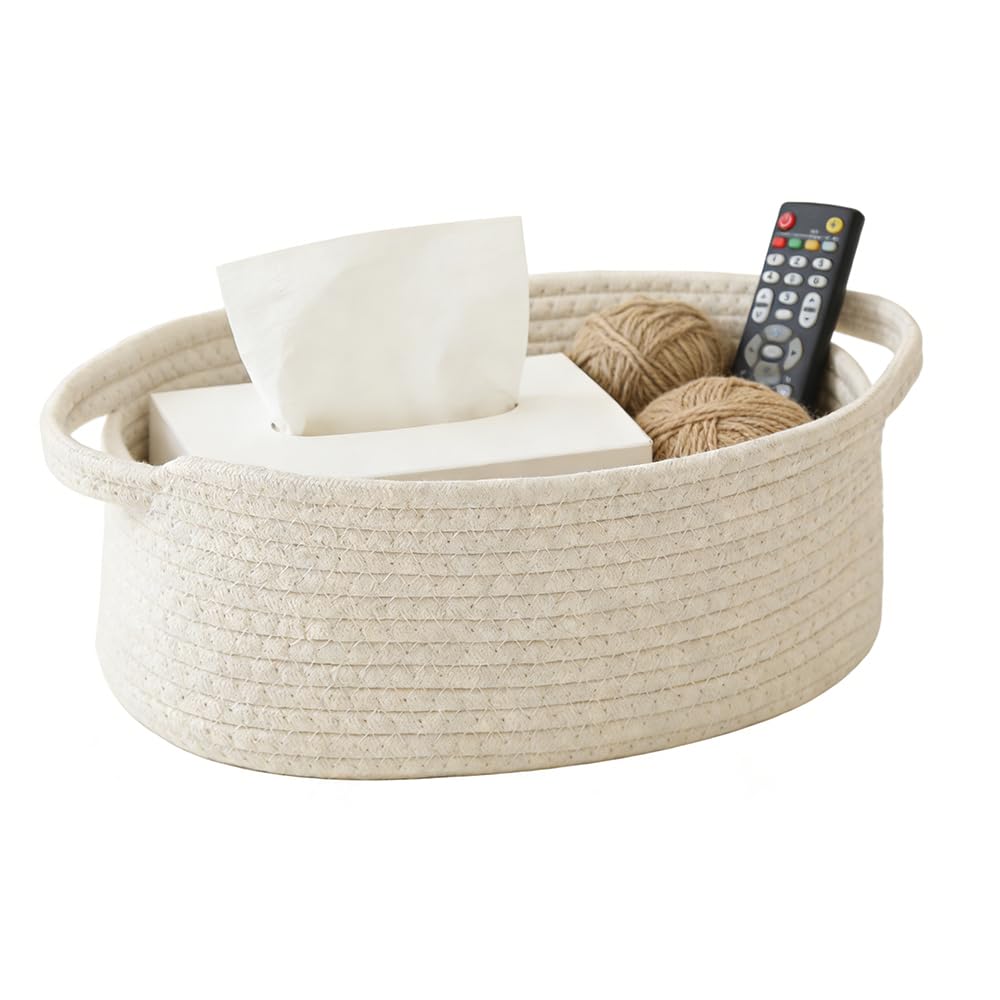 Woven Rope Basket, Small Storage Bin with Handles & Decorative Ribbon, Fabric Organizer for Shelves, Closet or Tabletop, Empty Gift Basket for Birthday or Home Decor (White)