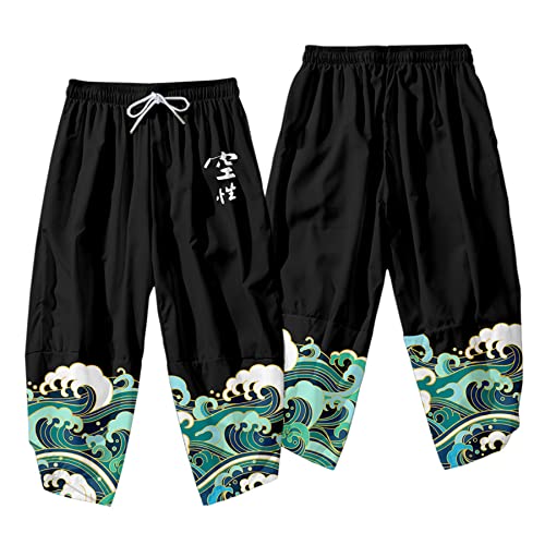 Image of DOSLAVIDA Men's Japanese Kimono Cardigan Suit Chinese Style Printed Jacket Pants Set Open Front Seven Sleeve Top & Shorts