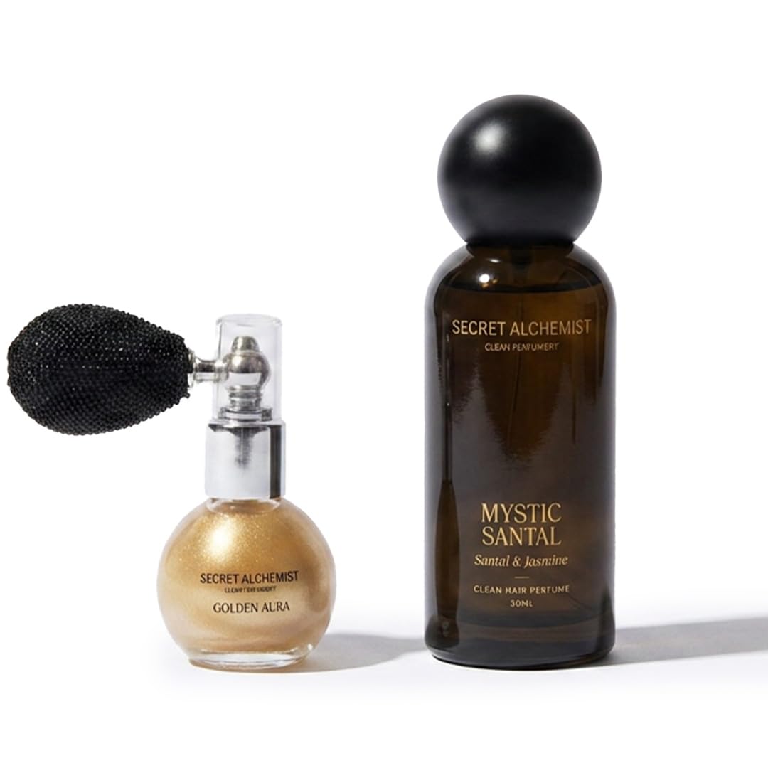 Secret Alchemist Mystic Santal Clean Hair Perfume 50ml + Golden Aura Shimmer Powder Combo | Santal & Jasmine Hair Mist with Gold Glitter Glow for Hair & Body-picture-17