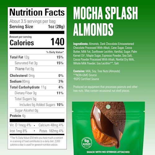 Image of SkinnyDipped Mocha Splash Almonds, Healthy Snack, Plant Protein, Gluten Free, 3.5 oz Resealable Bags, Pack of 5