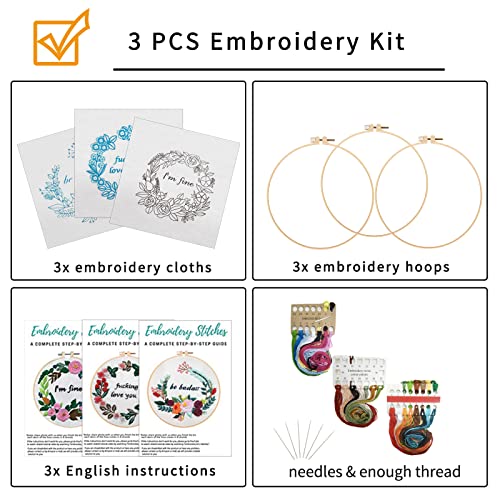 Image of Nuberlic 3 Pack Funny Embroidery Kit, Handmade Cross Stitch Starter Kit for Beginners Adults