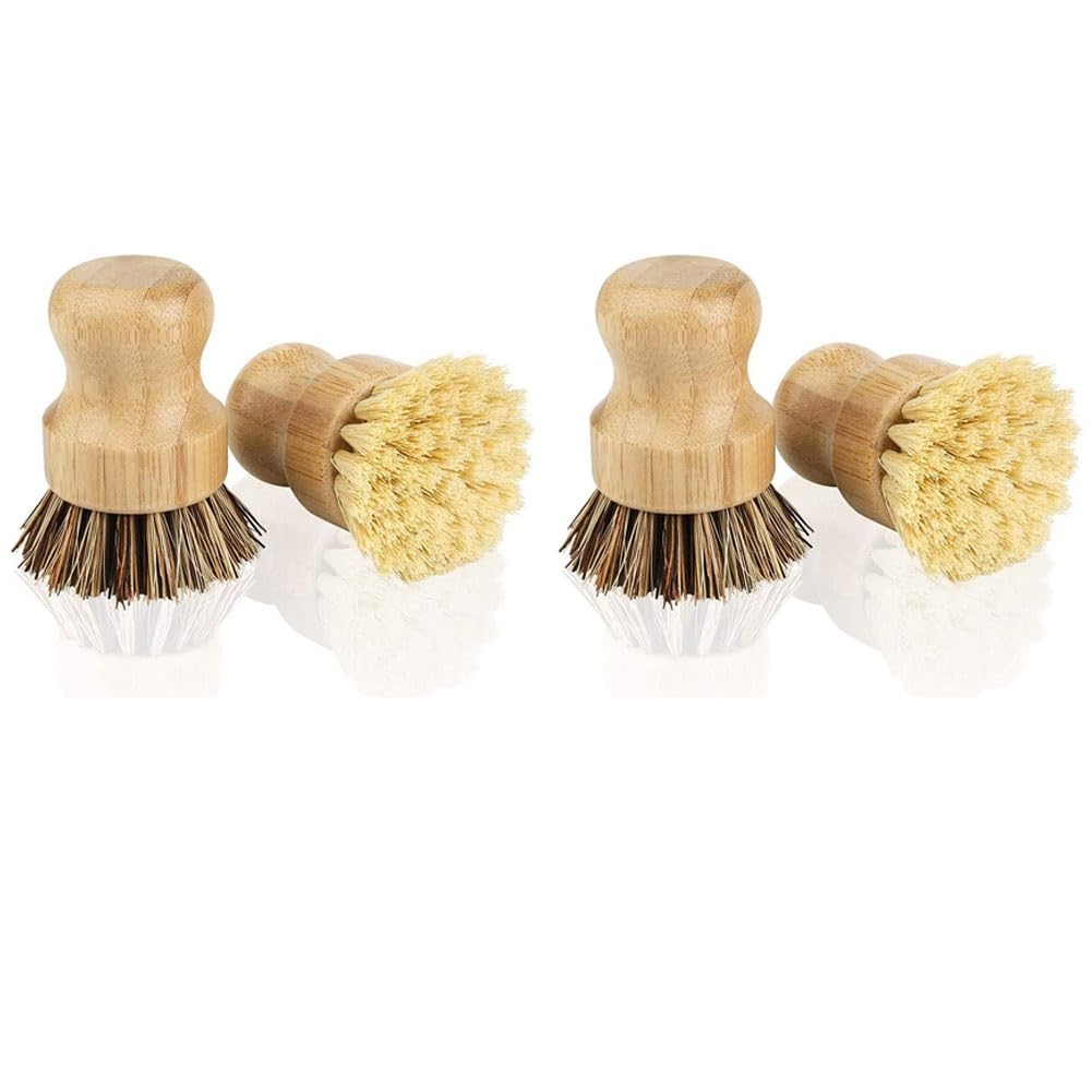 Bloepum Bamboo Dish Brush 4Pcs Bamboo Mini Scrub Brush Pot Brushes Dish Scrubber for Cast Iron Skillet, Kitchen Sink, Bathroom