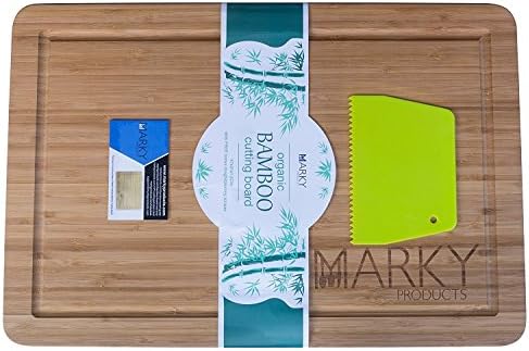 Marky Products All Natural Bamboo Wood Cutting Board With Drip Groove And Plastic Scraper - Professional Lightweight Premium Extra Large Durable Chopping Block Best For Your Kitchen