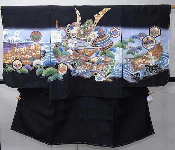 七五三 五歳 男児 正絹 羽織・着物・襦袢3点セット 黒地 兜 5歳 五才 5