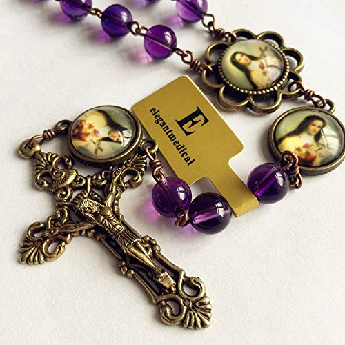 elegantmedical handmade ST.THERESE ROSARY CROSS CRUCIFIX NECKLACE BOX AMETHYST beads catholic GIFT3