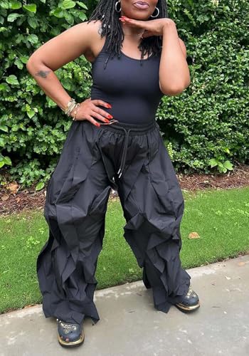 Image of Lucuna Women Balloon Pants Ruffle Fringe Drawstring High Waist Wide Leg Baggy Joggers Parachute Pants
