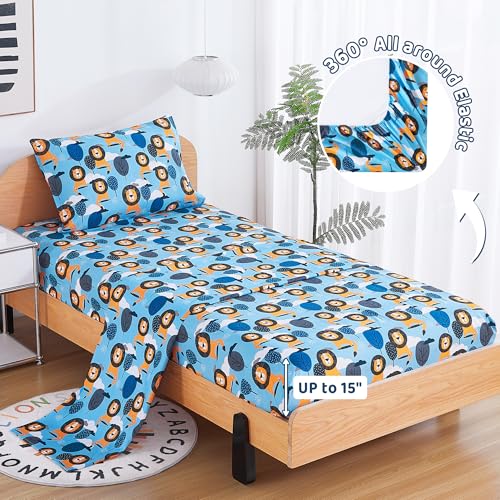 Image of Viviland 3 Pieces Boys Blue Twin Sheet Set - Soft Microfiber Fitted Flat Sheets & Pillowcase - Lion Tree Bedding Sets - for Kids & Toddlers