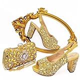Summer Rhinestone Shoes and Bag Set Fish Mouh Backless Buckle Sandal African Design Matching Handbag Set for Wedding Party (Color : Gold, Size : 9.5 US)