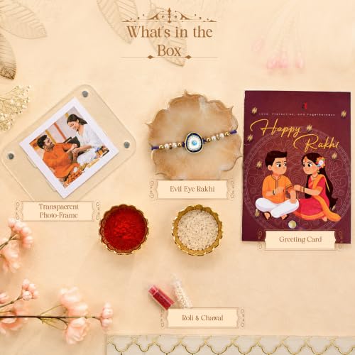 Image of Art Street Evil Eye Rakhi Gift Hamper with Personalized Acrylic Photo Frame, Evil Eye Rakhi, Greeting Card, Roli Chawal & Premium Gift Box | Raksha Bandhan Gift for Brother